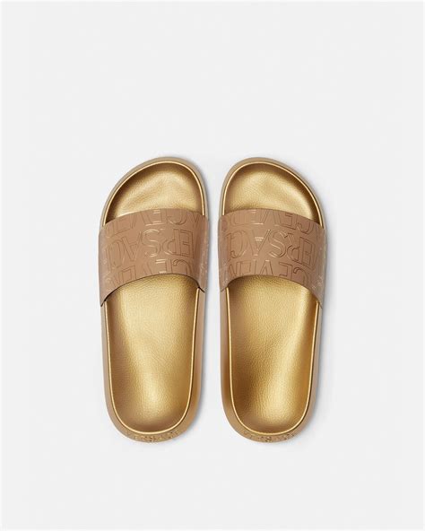 versace gold flip flops|Versace allover slides.